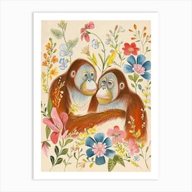 Folksy Floral Animal Drawing Orangutan Art Print
