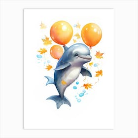 Dolphin Flying With Autumn Fall Pumpkins And Balloons Watercolour Nursery 2 Art Print