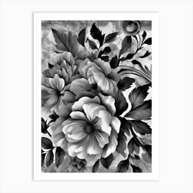 black and white flowers peony dark Art Print