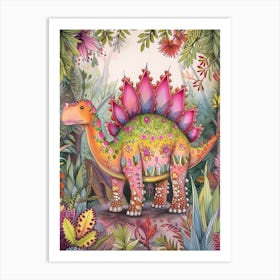Pastel Pattern Rainbow Stegosaurus Dinosaur 3 Art Print