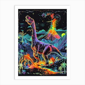 Neon Dinosaur With Volcano 4 Art Print