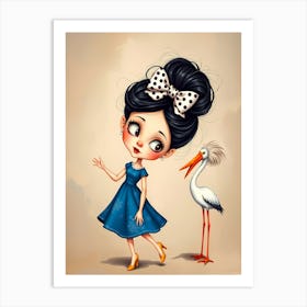 Cartoon Girl And Stork Art Print