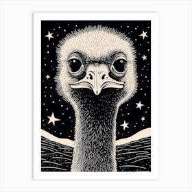 B&W Bird Linocut Ostrich 3 Art Print