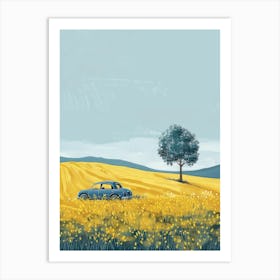 Blue Car In A Yellow Field Canvas Print Art Print