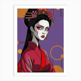 Geisha in Red-Pink Illustration-4 Art Print