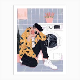 Man Sitting Next To A Washing Machine Art Print