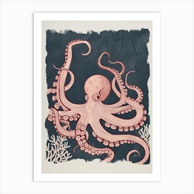 Linocut Inspired Red Octopus With The Coral 2 Art Print