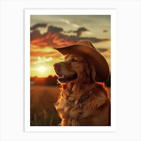 Golden Retriever Cowboy Sunset Art Print