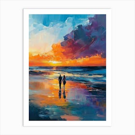 Painting Of A Couple Walking On The Beach At Sunset Art Print