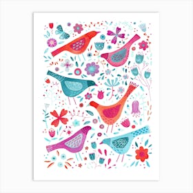 Birds In Wildflowers Teal Pink Purple Art Print