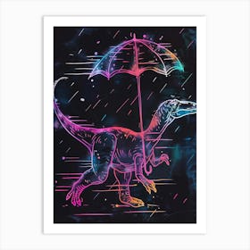 Neon Dinosaur With Umbrella In The Rain 2 Art Print