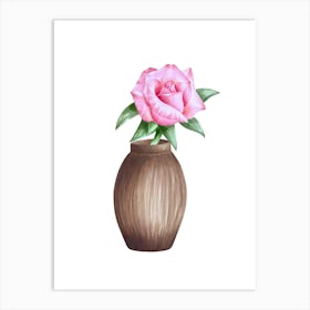 Pink Rose In A Clay Vase Art Print