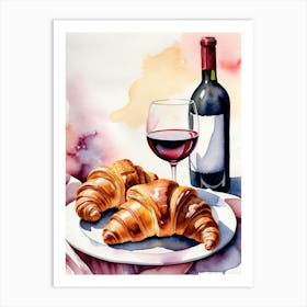 Croissant and Wine watercolor painting 13 Art Print