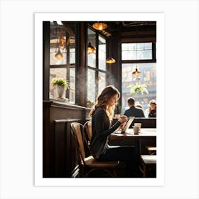 Modern Woman Engrossed In Her Tablet While Seated At A Rustic Wooden Table Inside A Bustling Urban C (2) Art Print