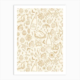 Holiday Dinner Toile Vintage Style Christmas Dinner Gold and Cream Art Print