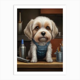 Dog In Mechanic Overalls Art Print