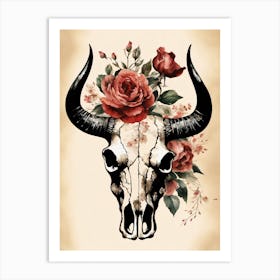 Vintage Boho Bull Skull Flowers Painting (21) Art Print