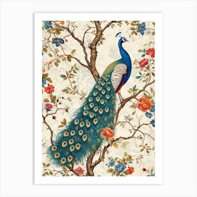 Peacock With Vintage Floral Pattern 1 Art Print