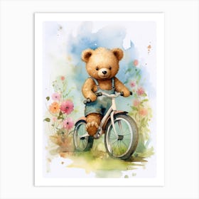 Cycling Teddy Bear Painting Watercolour 1 Art Print