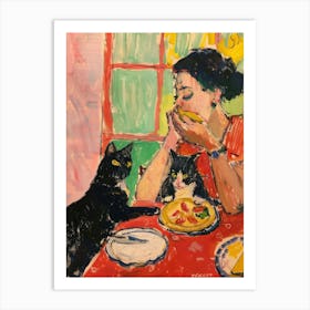 Portrait Of A Girl With Cats Eating Pizzas 3 Art Print