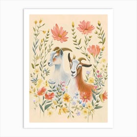 Folksy Floral Animal Drawing Goat 3 Art Print