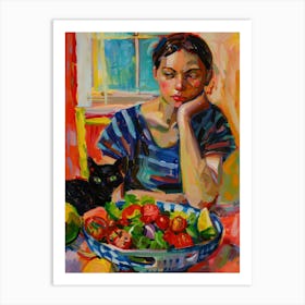 Portrait Of A Girl With Cats Eating Salad 2 Art Print