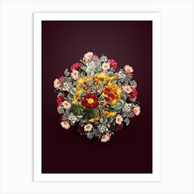 Vintage Monks Cress Flower Wreath on Wine Red n.0890 Art Print