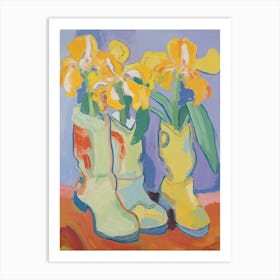 Painting Of Yellow Flowers And Cowboy Boots, Oil Style 9 Art Print