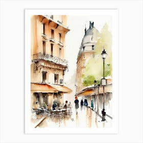 Paris city, passersby, cafes, apricot atmosphere, watercolors.1 Art Print