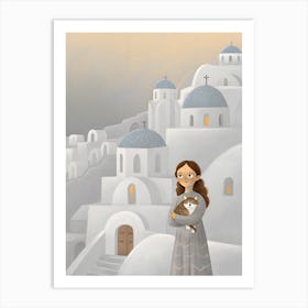 Woman Girl and Cat in Greece Santorini Art Print