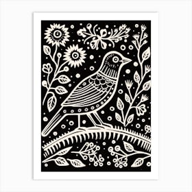B&W Bird Linocut Cuckoo 4 Art Print