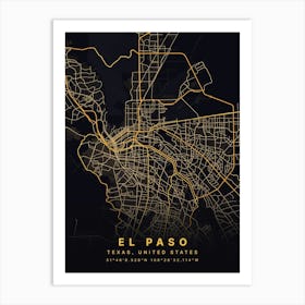 El Paso Texas USA Black And Gold Map Art Print