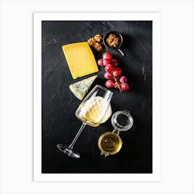 White wine and cheese — Food kitchen poster/blackboard, photo art Art Print