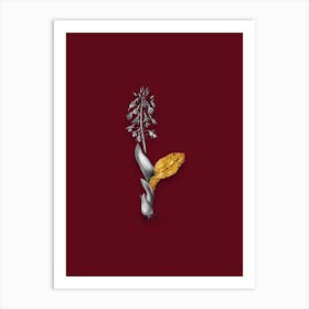 Vintage Brown Widelip Orchid Black and White Gold Leaf Floral Art on Burgundy Red n.0068 Art Print