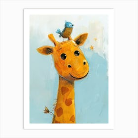 Small Joyful Giraffe With A Bird On Its Head 7 Art Print