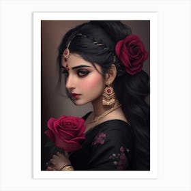 Dreamshaper V7 Arbic Girl Wearing Black Saree And Rose In Her 2 Art Print