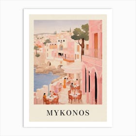 Mykonos Greece 3 Vintage Pink Travel Illustration Poster Art Print