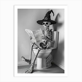 Skeleton Reading A Newspaper in the bathroom Art Print