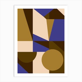 Mid Century Modern Geometric Shapes Abstraction In Blue And Golden Brown Art Print