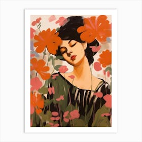 Woman With Autumnal Flowers Geranium Art Print