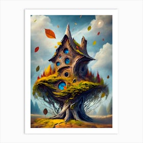 Tree House, Gnome House, Intense Art, Dynamic Painting, Autumn Vibes, Art Print