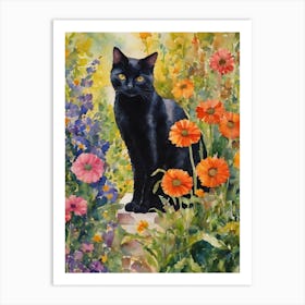 Black Cat Amongst Garden Flowers - Traditional Watercolor Art Print Kitty Travels Home and Room Wall Art Cool Decor Klimt and Matisse Inspired Modern Awesome Cool Unique Pagan Witchy Witches Familiar Gift For Cat Lady Animal Lovers World Travelling Genuine Works by British Watercolour Artist Lyra O'Brien Art Print