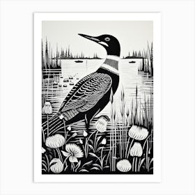 B&W Bird Linocut Common Loon 3 Art Print