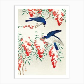 Flycatchers On A Nandina Bush, Ohara Koson Vintage Japanese Art Print