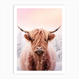 Highland Cow In The Snow Pink Filter Portrait 2 Art Print