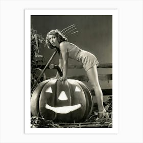 Pin Up Girl Posing On A Jack O' Lantern Art Print