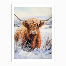 Traditional Watercolour Illustration Of Highland Cow In The Snowy Field 2 Art Print