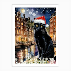 Christmas in Amsterdam ~ Black Cat Wearing a Santa Hat in Old Amsterdam Poster