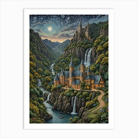 Fantasy Waterfall Village Art Print