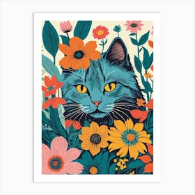 Blue Cat In Flowers Art Print